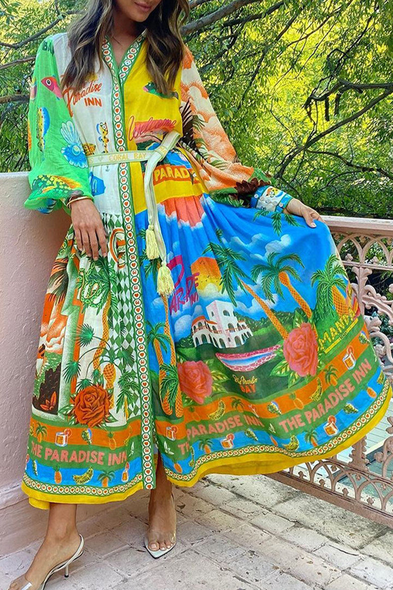 Casual Vintage Print Graffiti Bandage Shirt Collar Shirt Dresses - Fashionpara