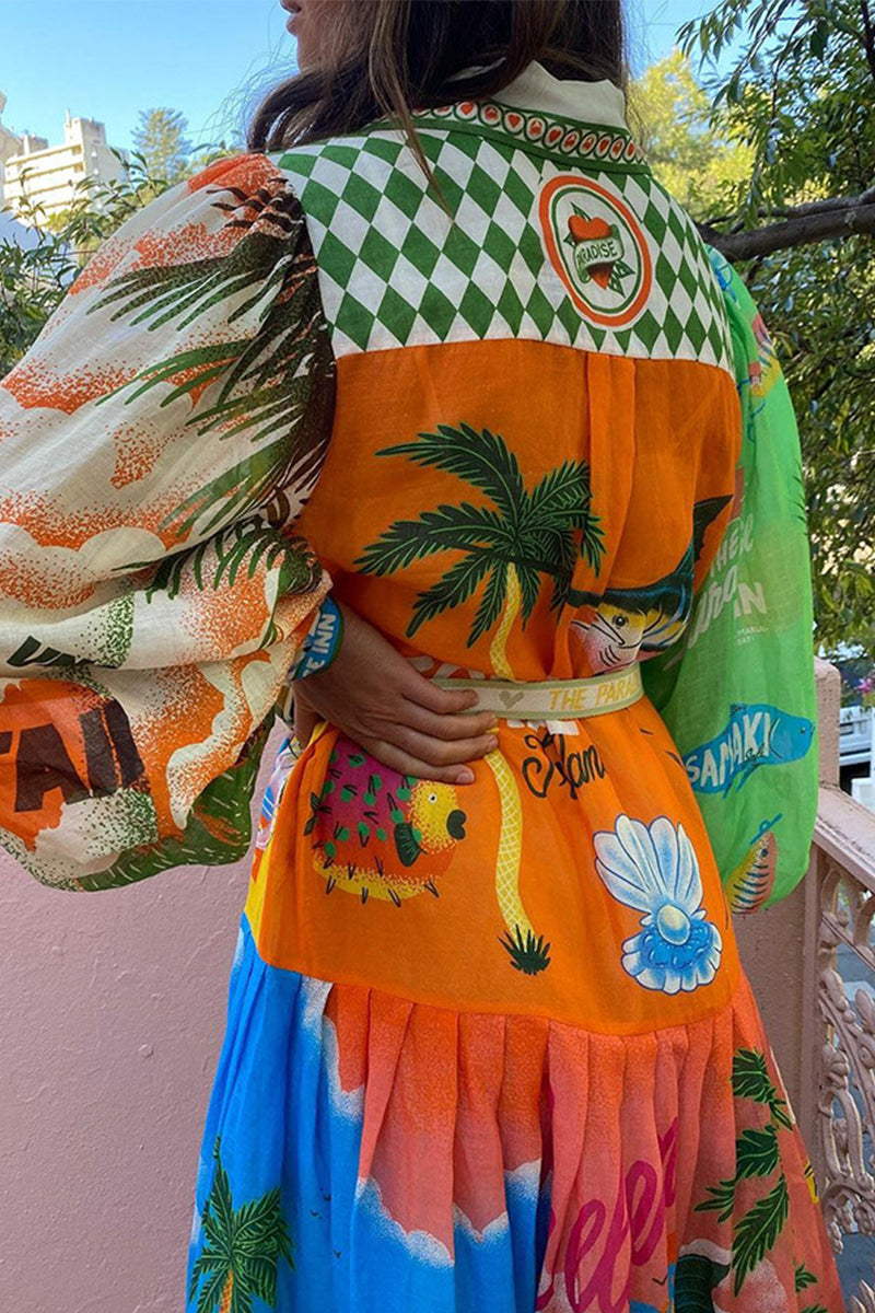 Casual Vintage Print Graffiti Bandage Shirt Collar Shirt Dresses - Fashionpara