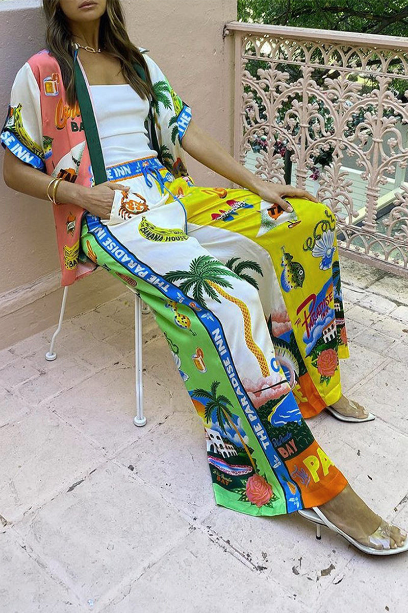 Casual Vintage Print Graffiti Patchwork Turndown Collar Short Sleeve Two Pieces - Fashionpara