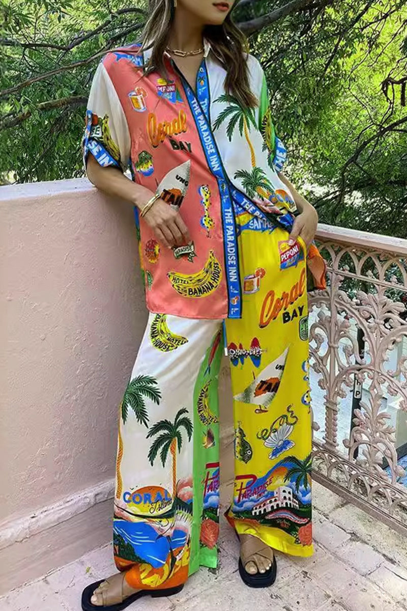 Casual Vintage Print Graffiti Patchwork Turndown Collar Short Sleeve Two Pieces - Fashionpara