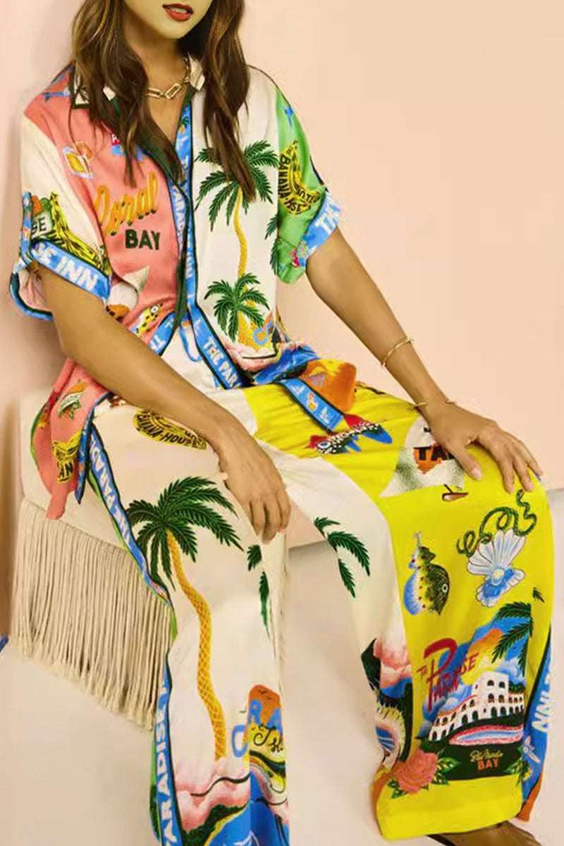 Casual Vintage Print Graffiti Patchwork Turndown Collar Short Sleeve Two Pieces - Fashionpara