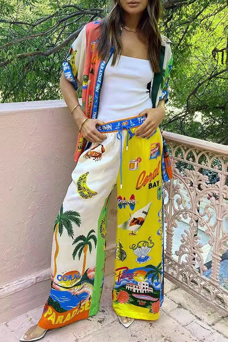 Casual Vintage Print Graffiti Patchwork Turndown Collar Short Sleeve Two Pieces - Fashionpara