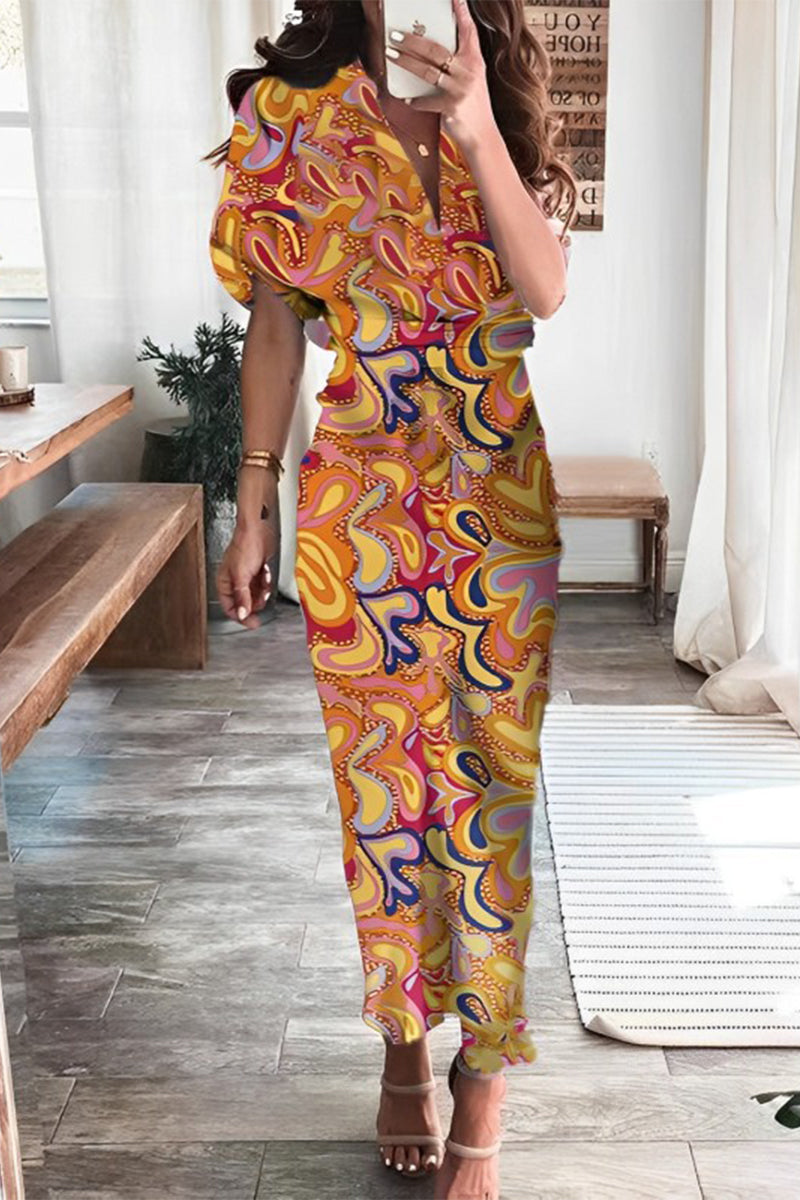 Elegant Print Frenulum Buckle Turndown Collar Pencil Skirt Dresses(7 Colors) Fashionpara