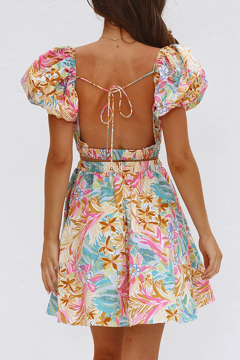 Sexy Print Pierced Flowers V Neck A Line Dresses - Fashionpara