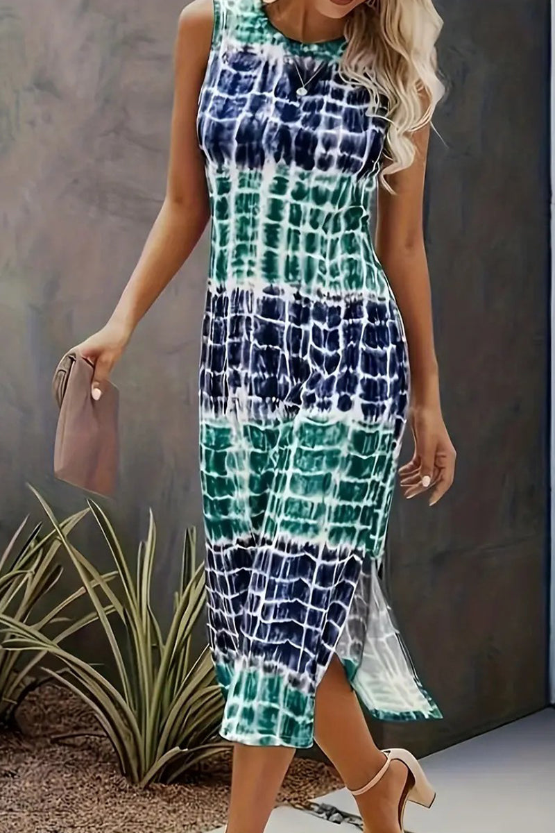 Casual Vintage Print Tie Dye Slit O Neck Dresses  Fashionpara