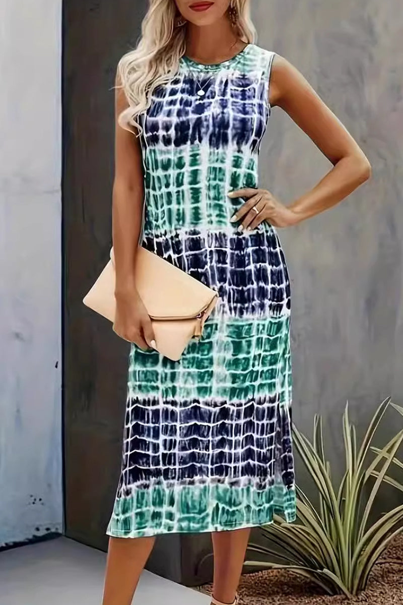 Casual Vintage Print Tie Dye Slit O Neck Dresses  Fashionpara