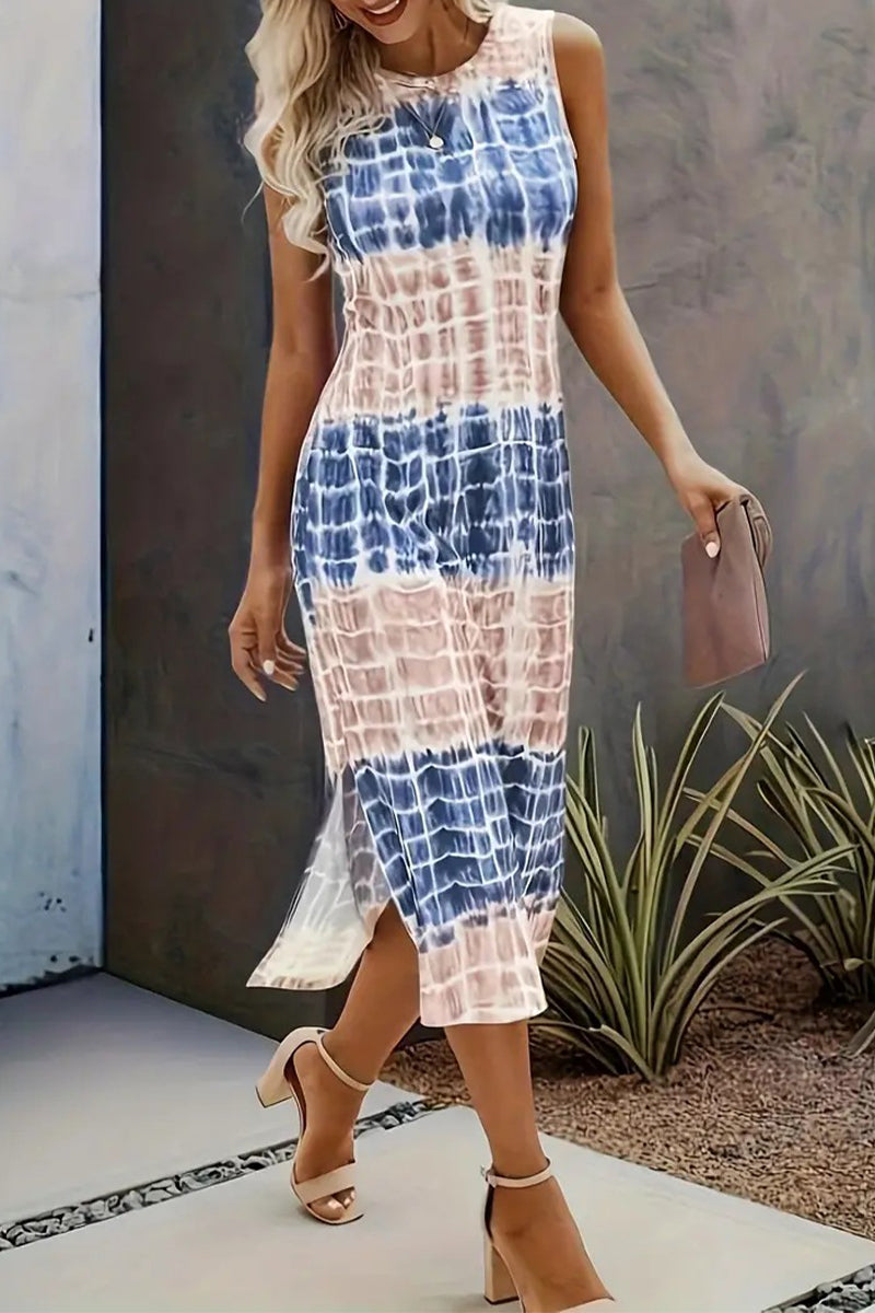 Casual Vintage Print Tie Dye Slit O Neck Dresses  Fashionpara