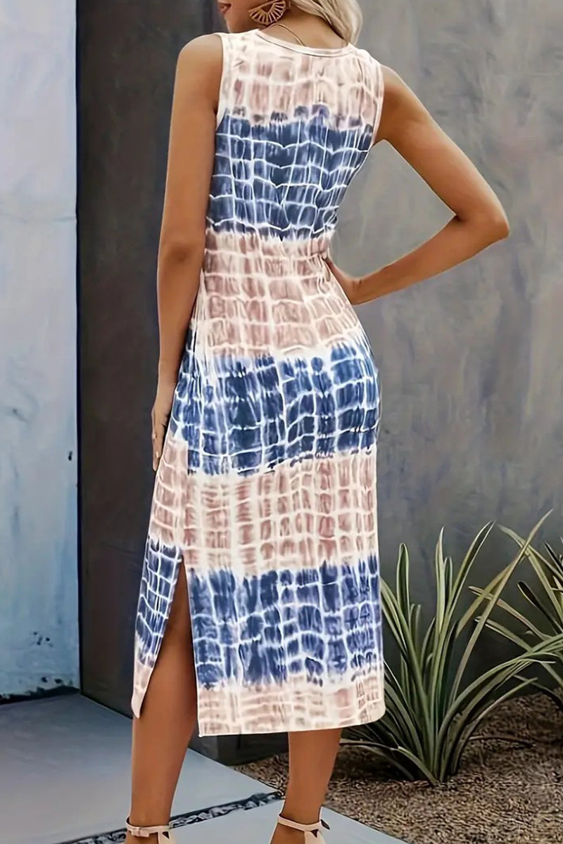 Casual Vintage Print Tie Dye Slit O Neck Dresses  Fashionpara