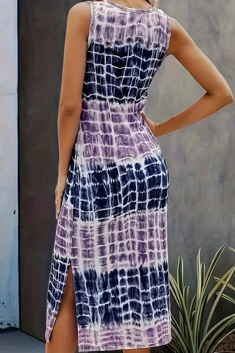Casual Vintage Print Tie Dye Slit O Neck Dresses  Fashionpara