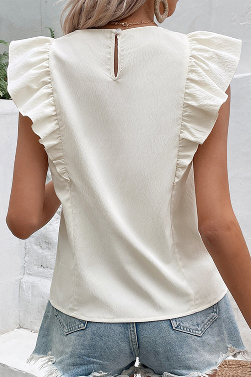 Sweet Simplicity Solid Buttons Flounce O Neck Tops - Fashionpara