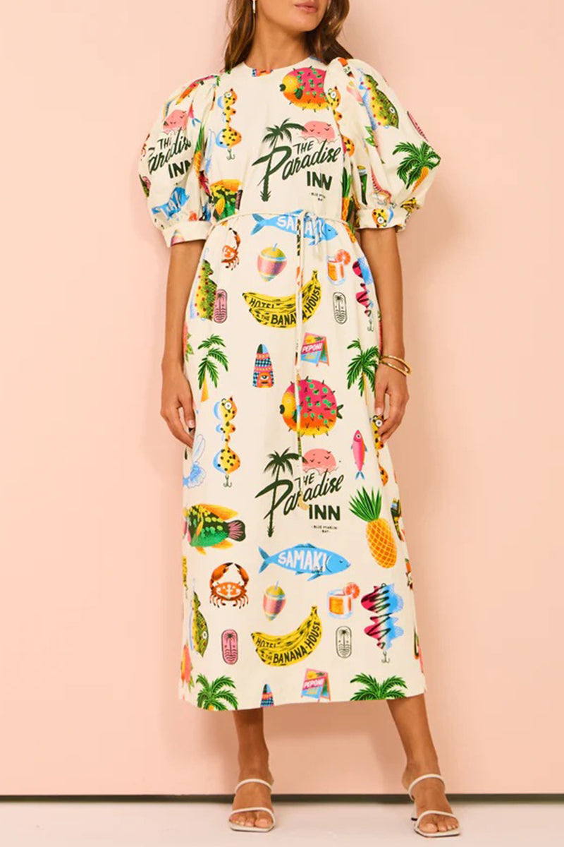 Casual Vintage Print Animal Frenulum O Neck Printed Dresses  Fashionpara