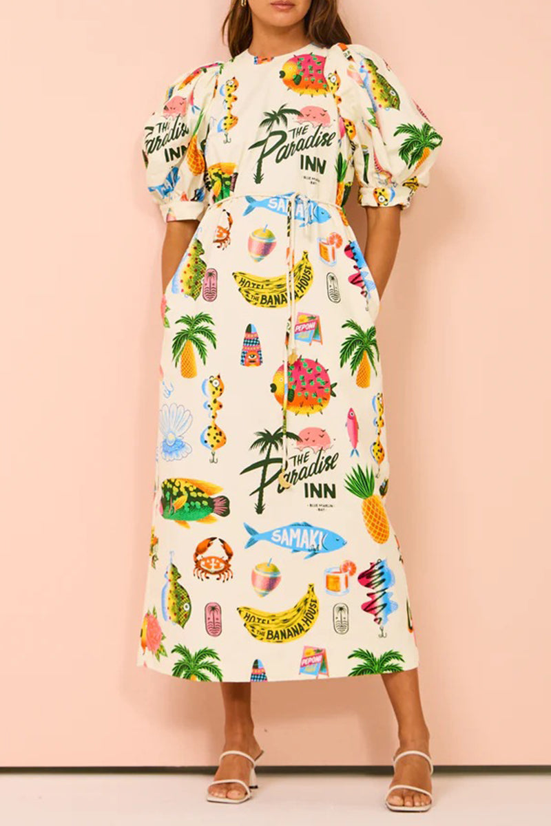 Casual Vintage Print Animal Frenulum O Neck Printed Dresses  Fashionpara