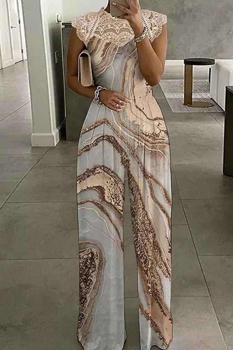 Casual Print Patchwork O Neck Regular Jumpsuits - Fashionpara