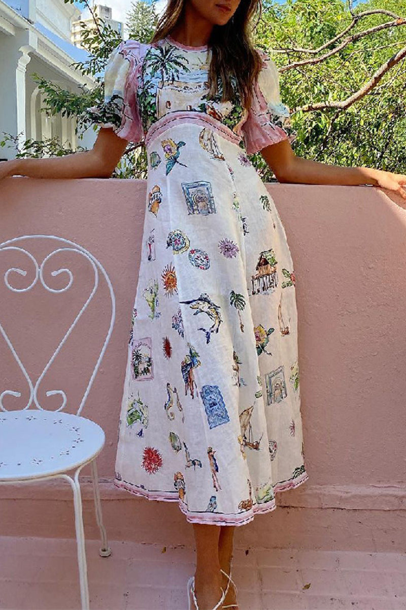 Casual Vintage Cartoon Print Patchwork O Neck A Line Dresses - Fashionpara