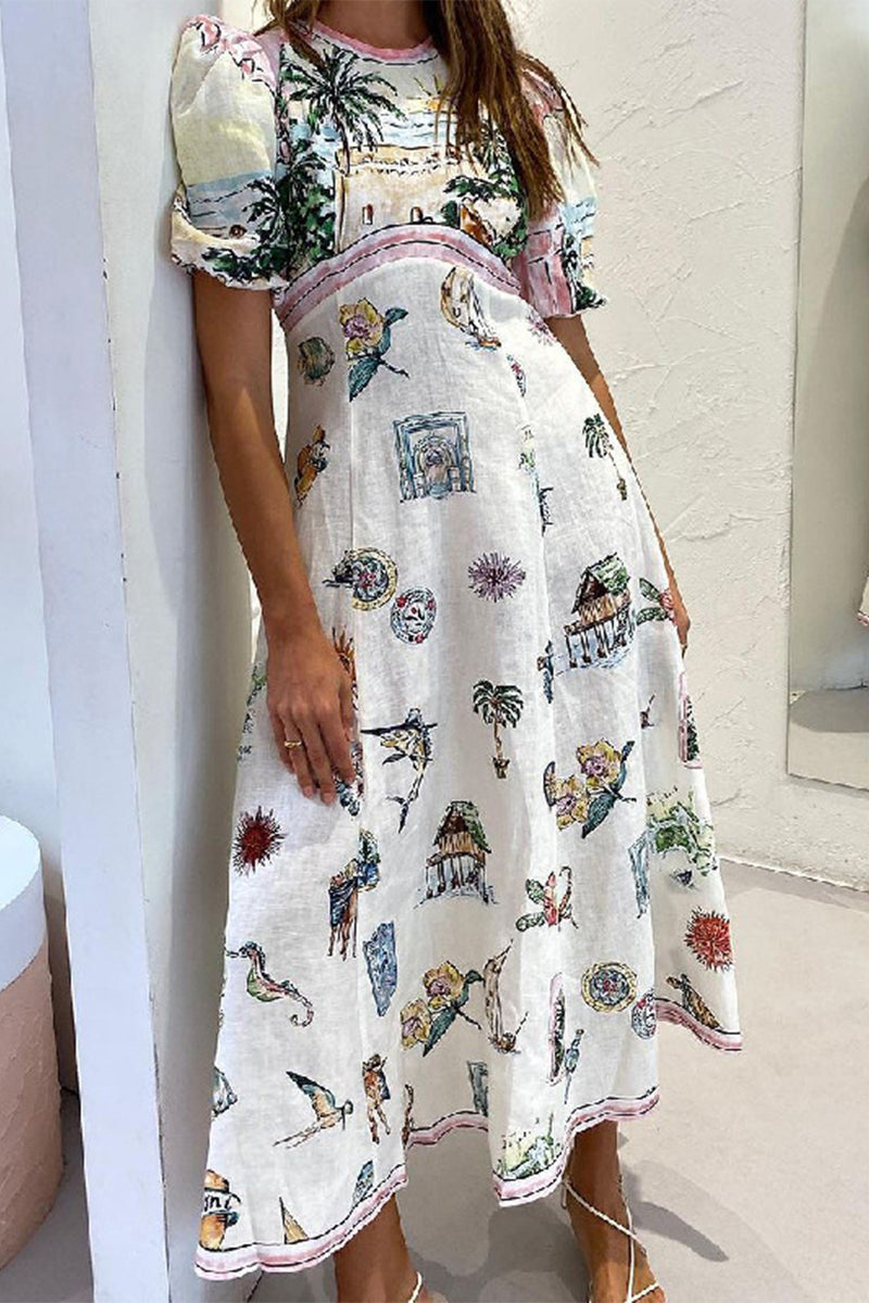 Casual Vintage Cartoon Print Patchwork O Neck A Line Dresses - Fashionpara