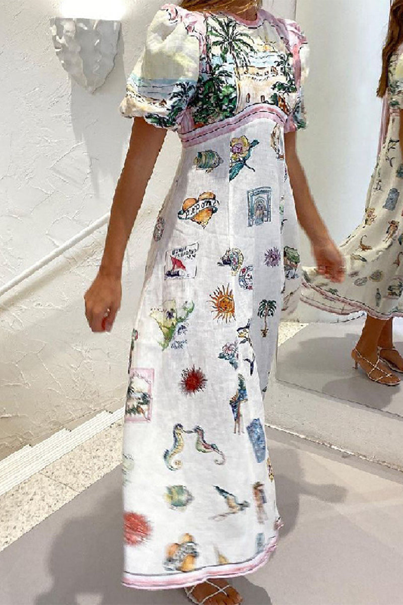 Casual Vintage Cartoon Print Patchwork O Neck A Line Dresses - Fashionpara