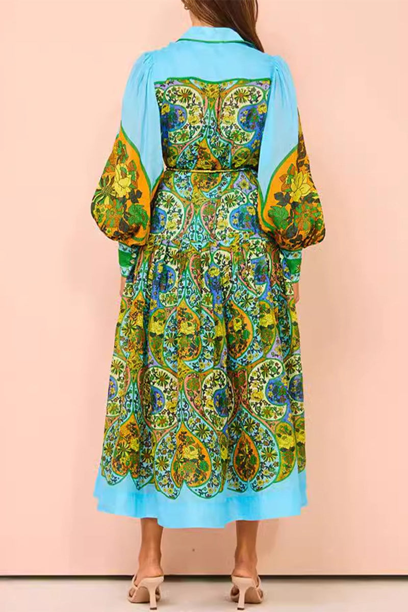 Casual Vintage Floral Frenulum Buckle Turndown Collar A Line Dresses  Fashionpara