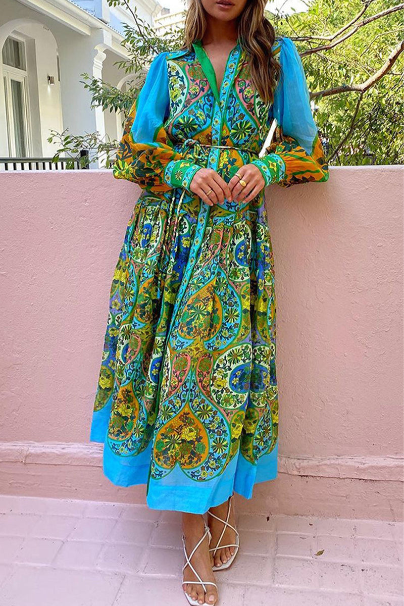 Casual Vintage Floral Frenulum Buckle Turndown Collar A Line Dresses  Fashionpara