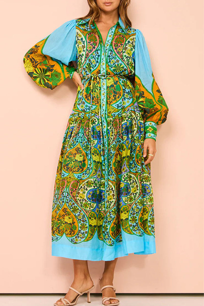 Casual Vintage Floral Frenulum Buckle Turndown Collar A Line Dresses  Fashionpara