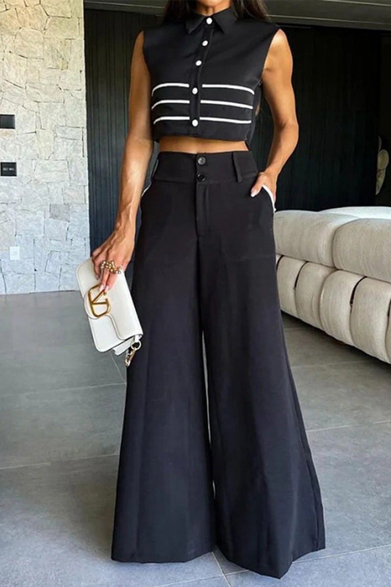 British Style Elegant Striped Patchwork Pocket Buckle Turndown Collar Sleeveless Two Pieces - Fashionpara