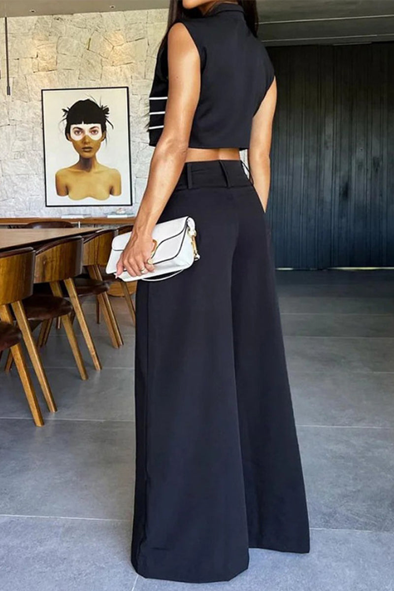 British Style Elegant Striped Patchwork Pocket Buckle Turndown Collar Sleeveless Two Pieces - Fashionpara