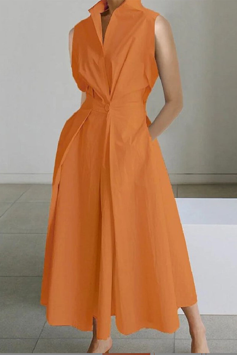 Casual Simplicity Solid Pocket Fold V Neck Shirt Dresses - Fashionpara