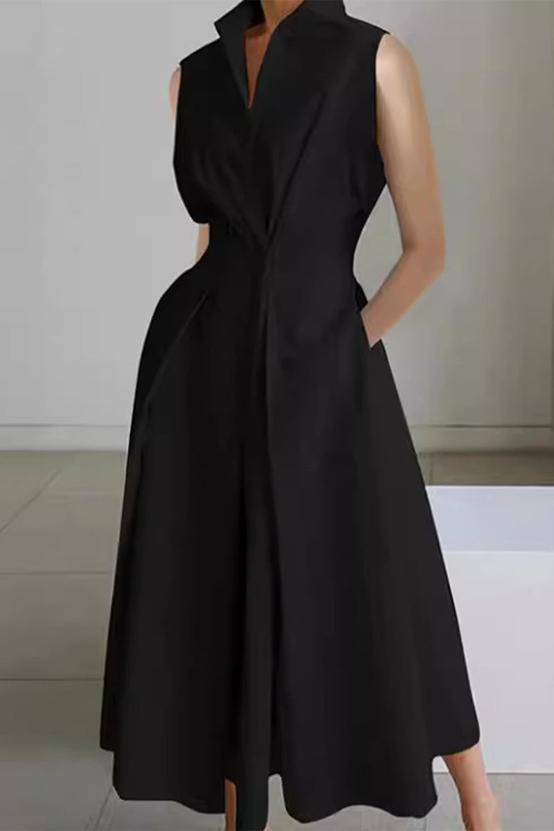 Casual Simplicity Solid Pocket Fold V Neck Shirt Dresses - Fashionpara