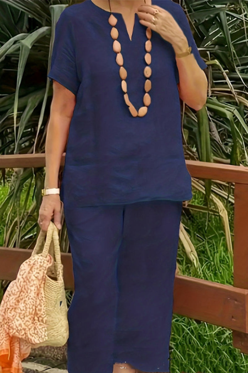 Casual Simplicity Solid V Neck Short Sleeve Two Pieces(No accessories)
