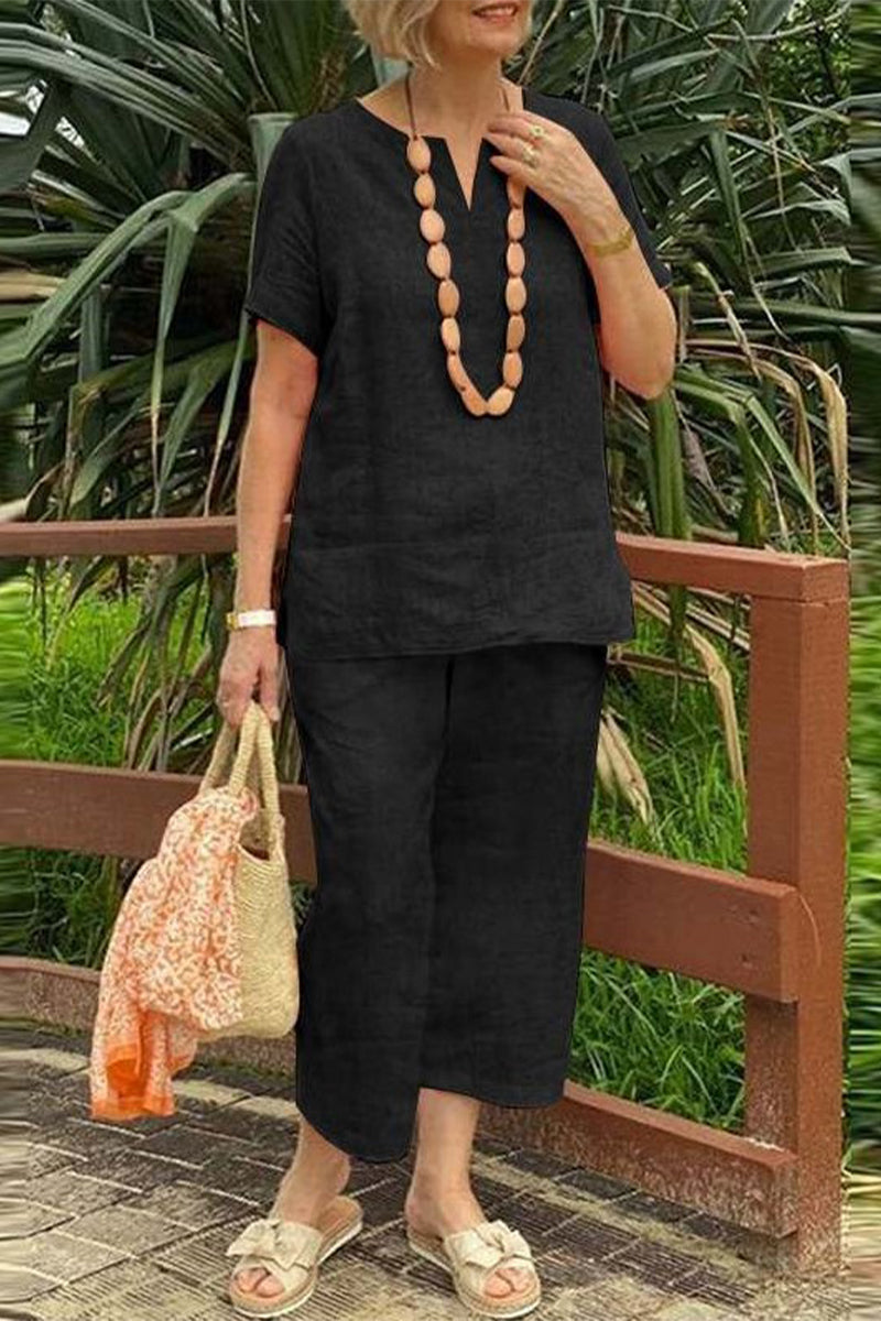 Casual Simplicity Solid V Neck Short Sleeve Two Pieces(No accessories)