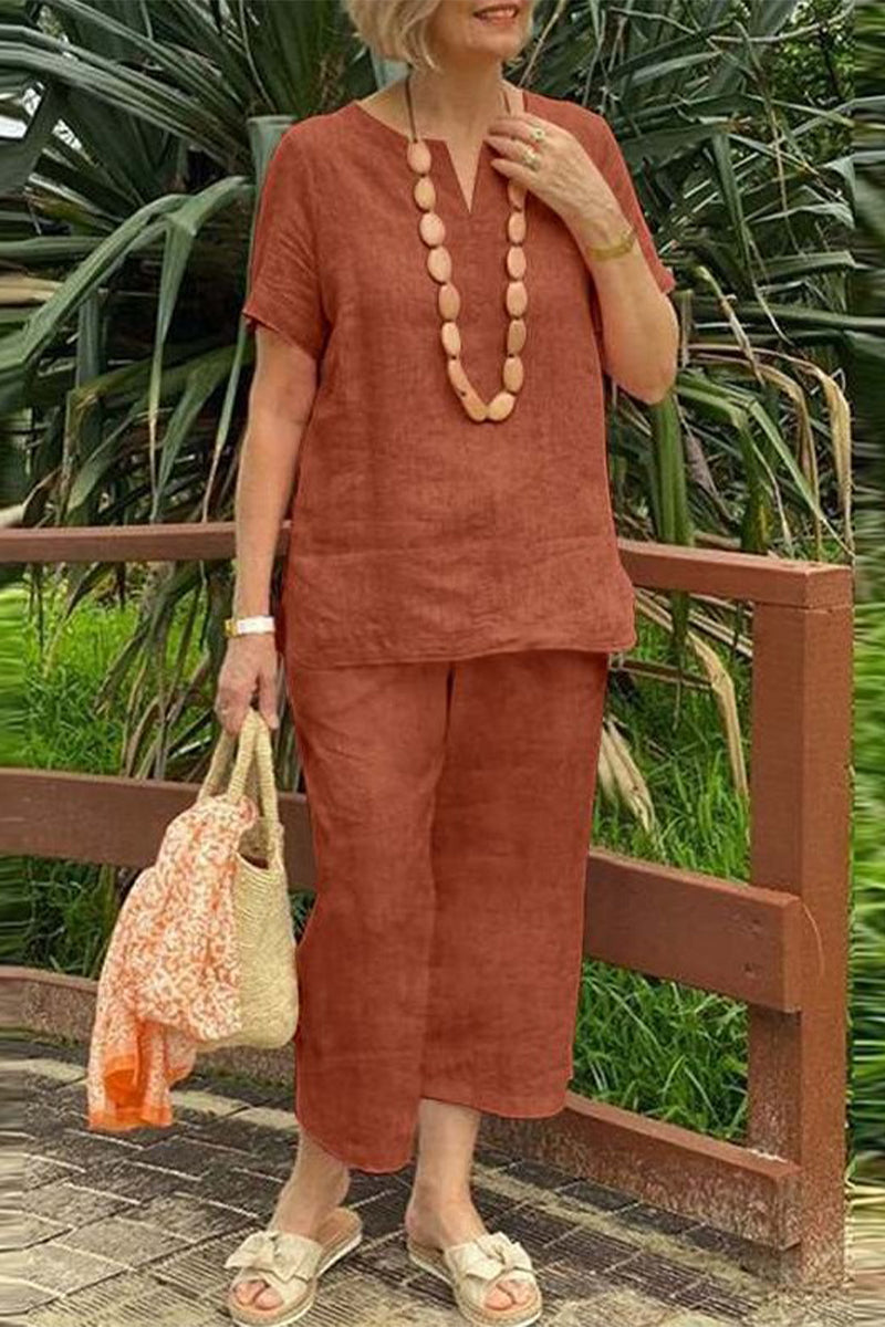 Casual Simplicity Solid V Neck Short Sleeve Two Pieces(No accessories)