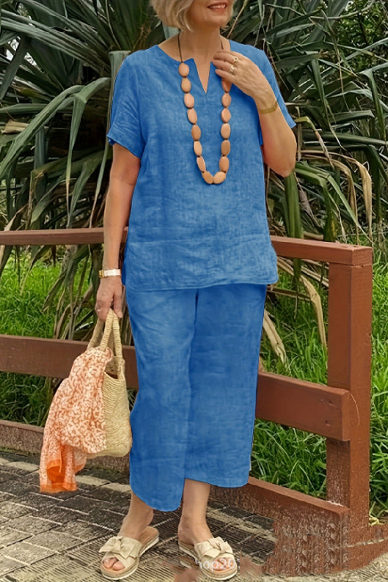 Casual Simplicity Solid V Neck Short Sleeve Two Pieces(No accessories)