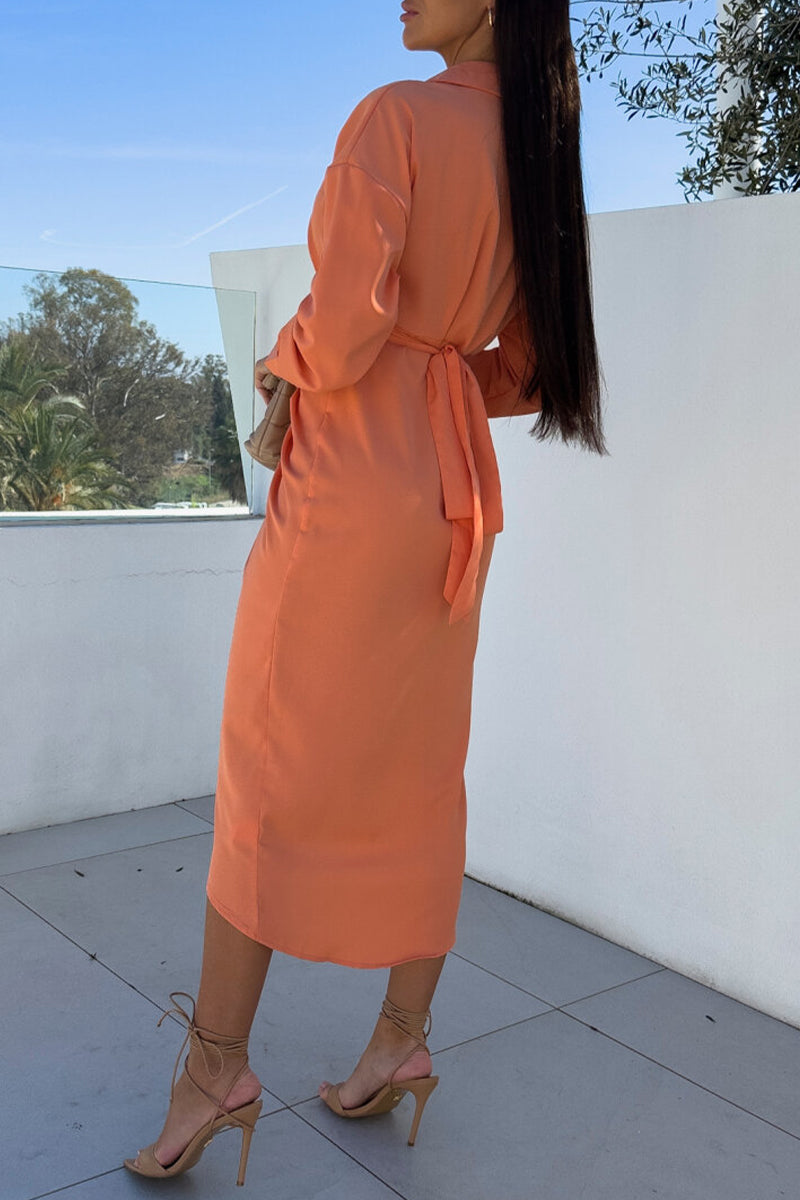 Elegant Solid Bandage Fold Turndown Collar Shirt Dresses - Fashionpara