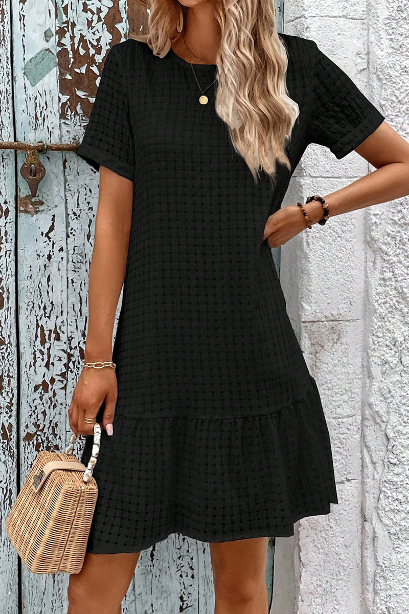 Casual Simplicity Solid Hollowed Out O Neck A Line Short Sleeve Dress - Fashionpara