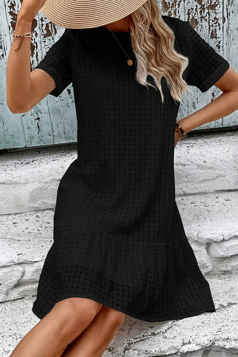 Casual Simplicity Solid Hollowed Out O Neck A Line Short Sleeve Dress - Fashionpara