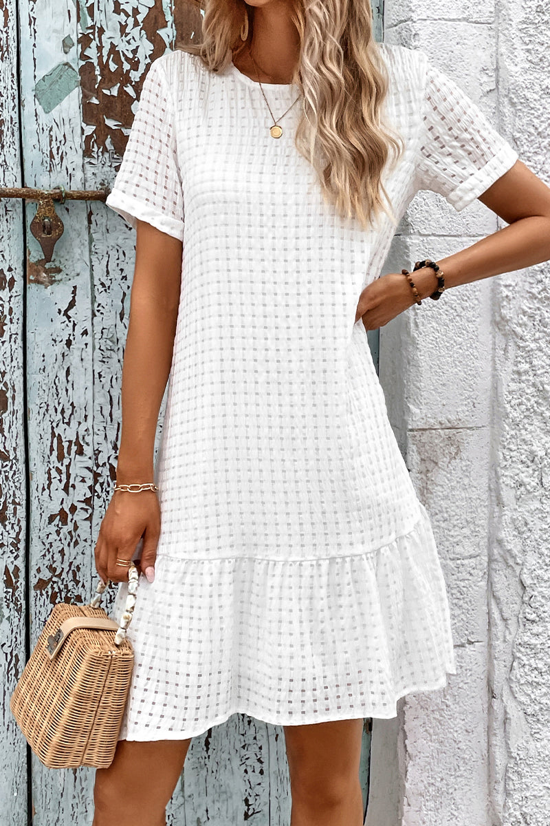 Casual Simplicity Solid Hollowed Out O Neck A Line Short Sleeve Dress - Fashionpara