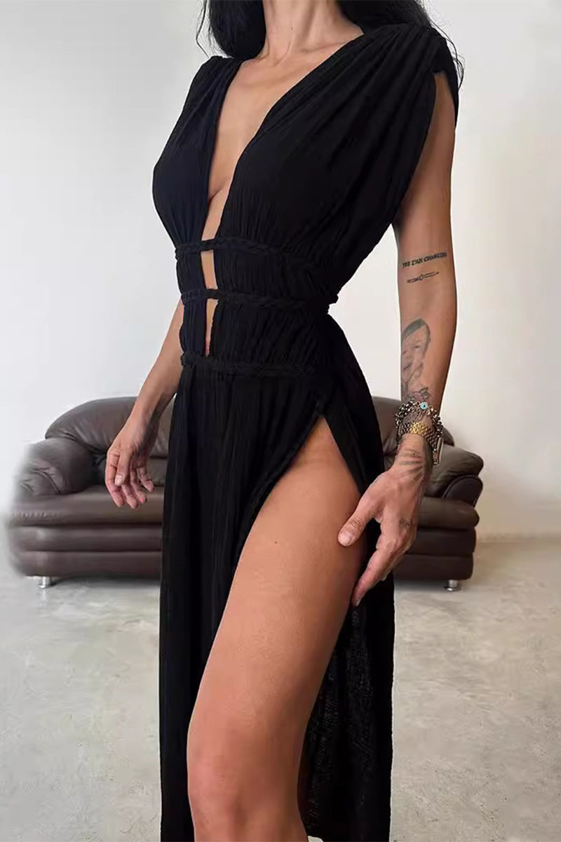 Sexy Bohemian Solid Slit V Neck Beach Dresses(3 Colors) - Fashionpara