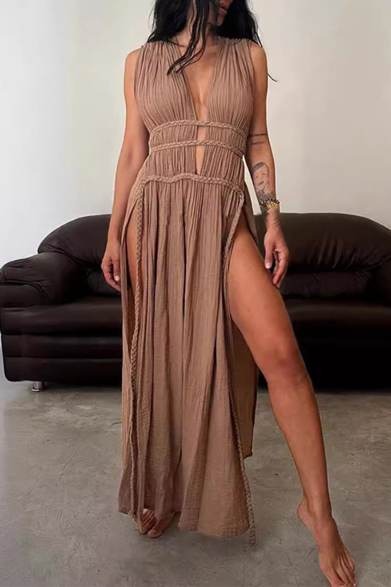 Sexy Bohemian Solid Slit V Neck Beach Dresses(3 Colors) - Fashionpara