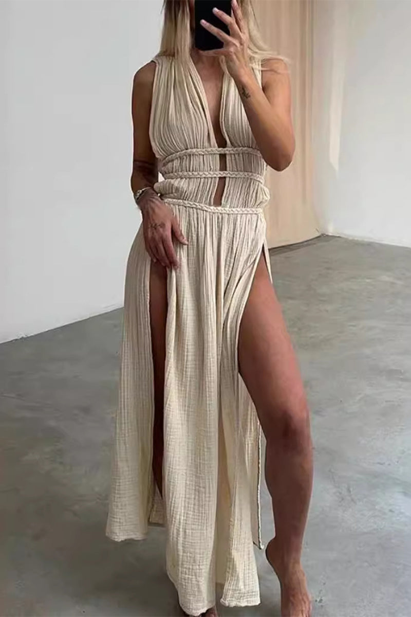 Sexy Bohemian Solid Slit V Neck Beach Dresses(3 Colors) - Fashionpara