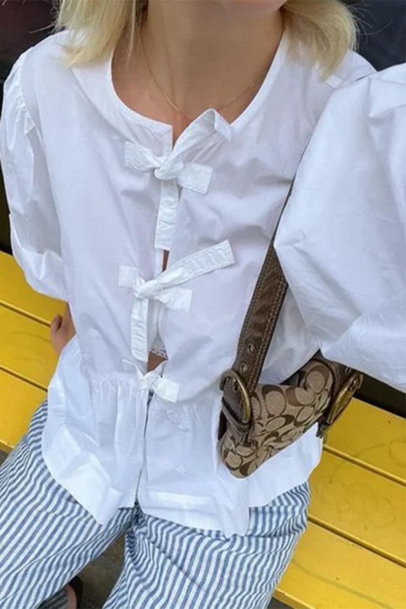 Casual Simplicity Solid Frenulum O Neck Blouses