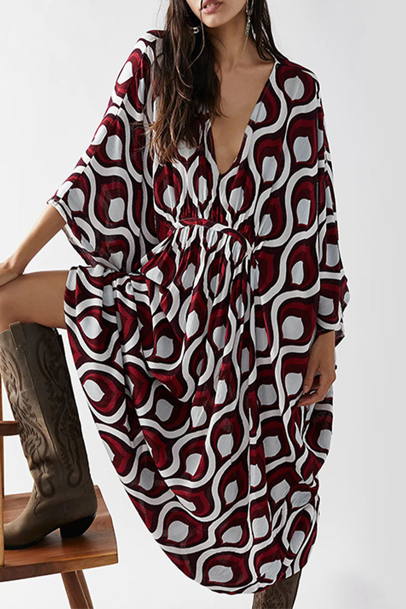 Vintage Vacation Geometric Print Contrast Swimwears Cover Up(6 Colors)