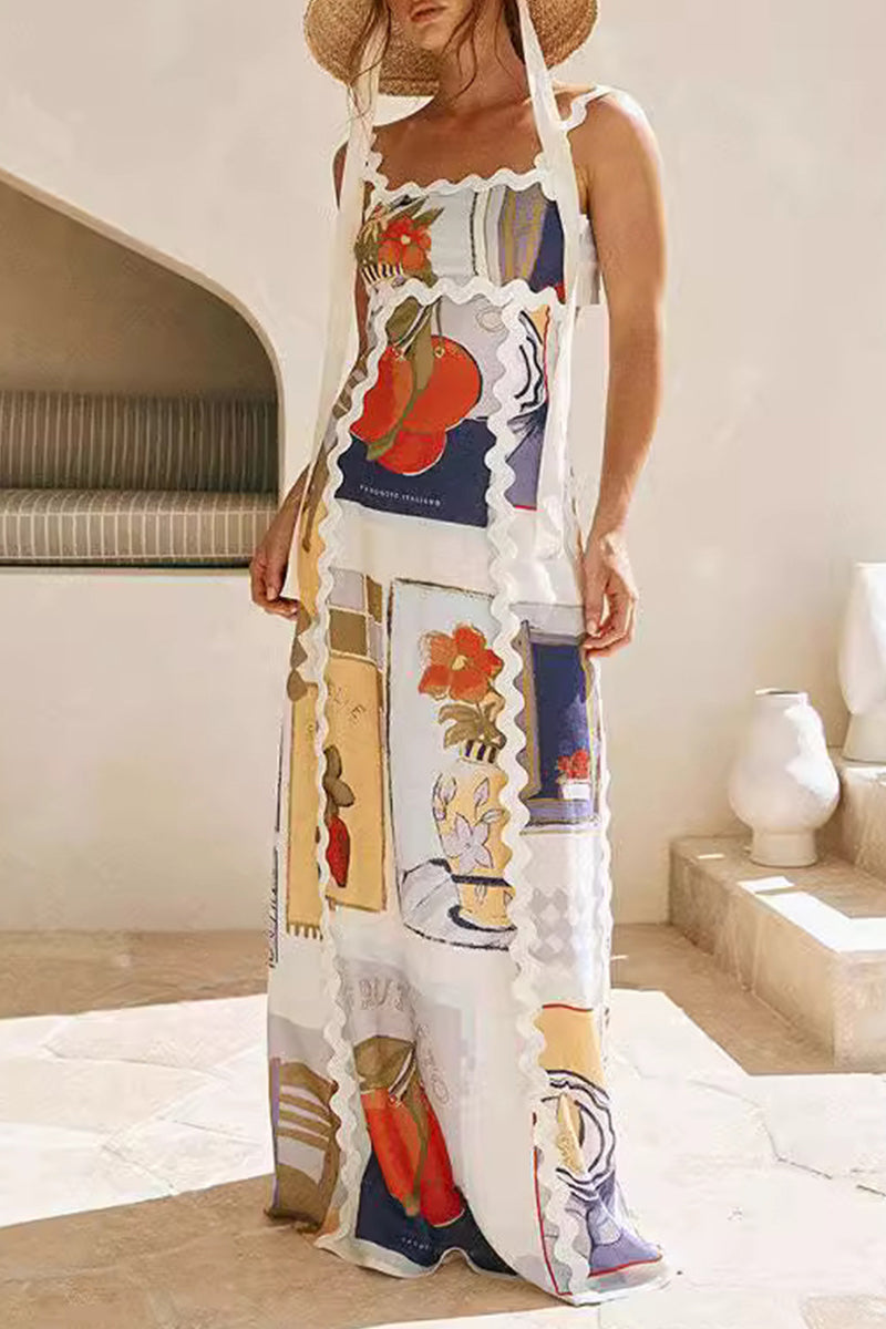 Casual Vintage Geometric Print Ripple Patchwork Printed Dresses - Fashionpara