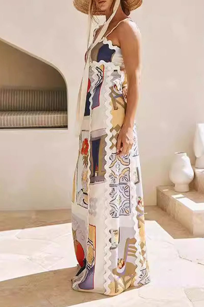 Casual Vintage Geometric Print Ripple Patchwork Printed Dresses - Fashionpara