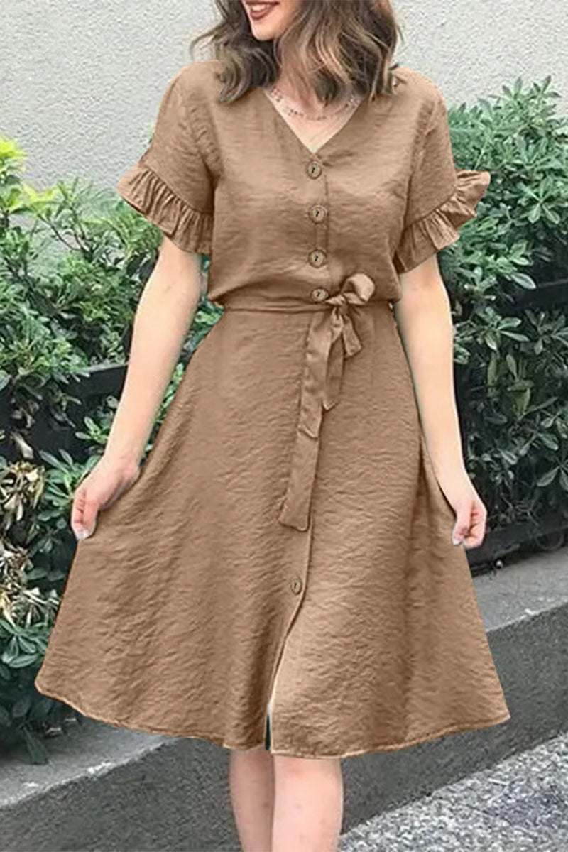 Casual Simplicity Solid Frenulum Buckle Flounce V Neck A Line Dresses(4 Colors) - Fashionpara