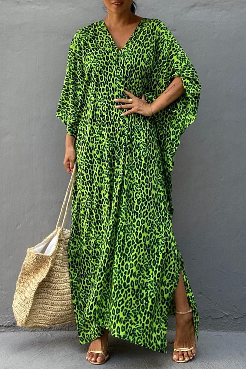Vintage Vacation Print Leopard Slit Swimwears Cover Up(6 Colors)