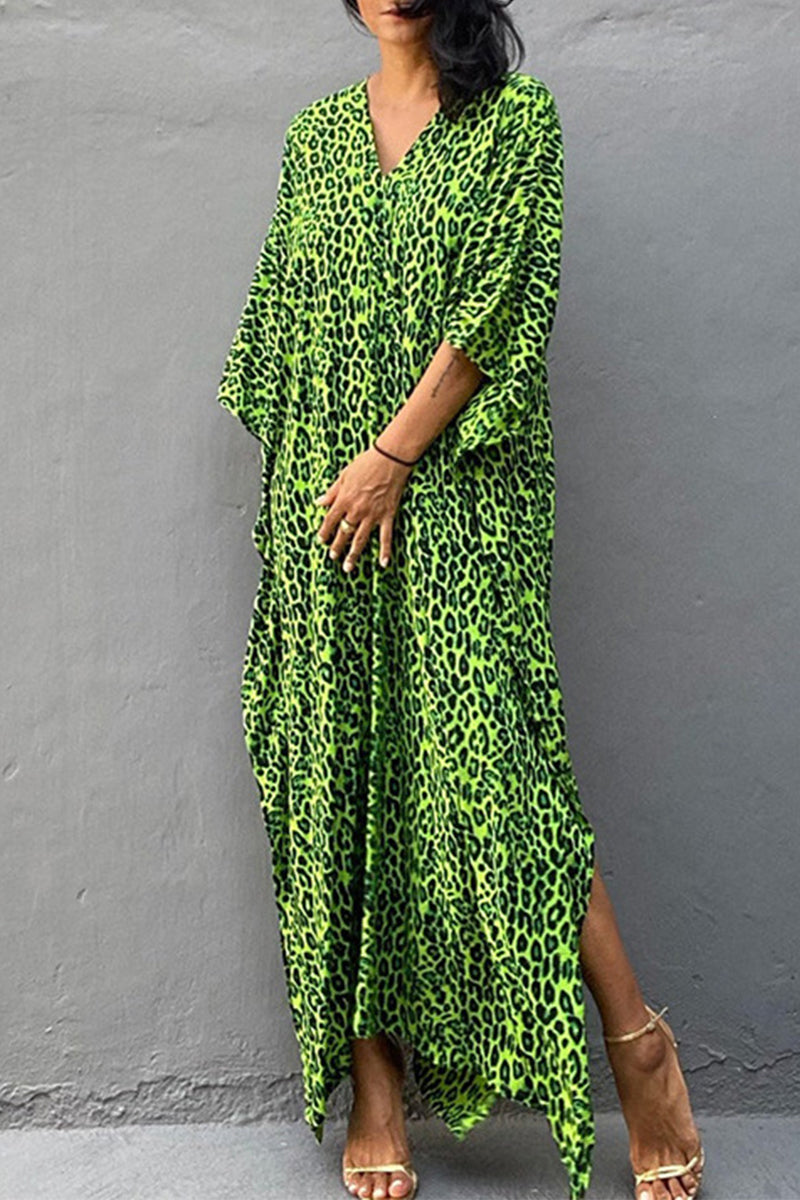 Vintage Vacation Print Leopard Slit Swimwears Cover Up(6 Colors)