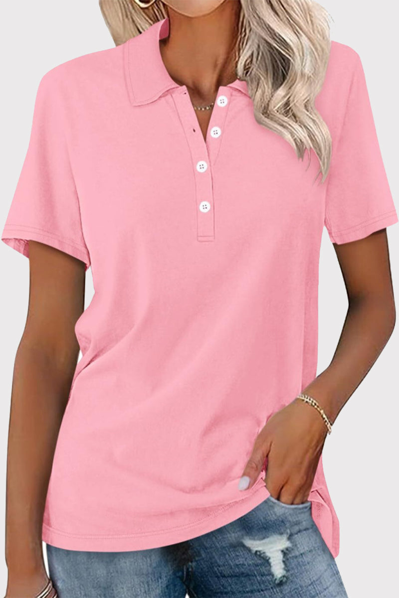 Casual Simplicity Solid Buckle Turndown Collar T-Shirts - Fashionpara