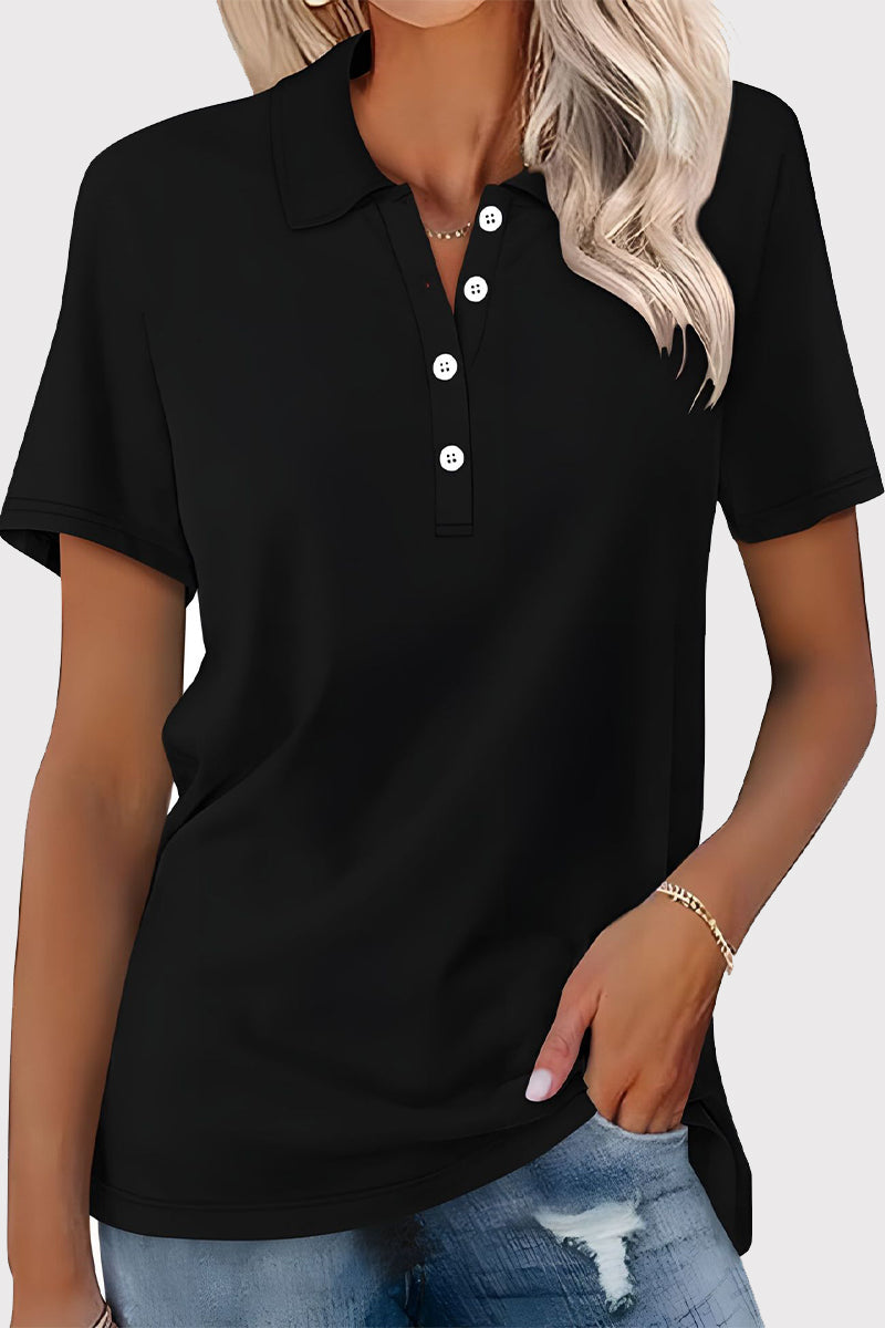 Casual Simplicity Solid Buckle Turndown Collar T-Shirts - Fashionpara