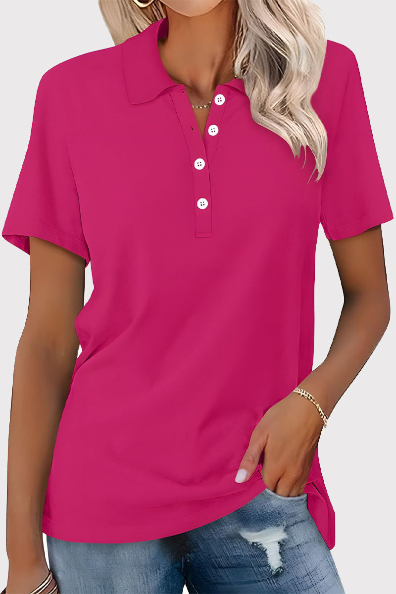 Casual Simplicity Solid Buckle Turndown Collar T-Shirts - Fashionpara