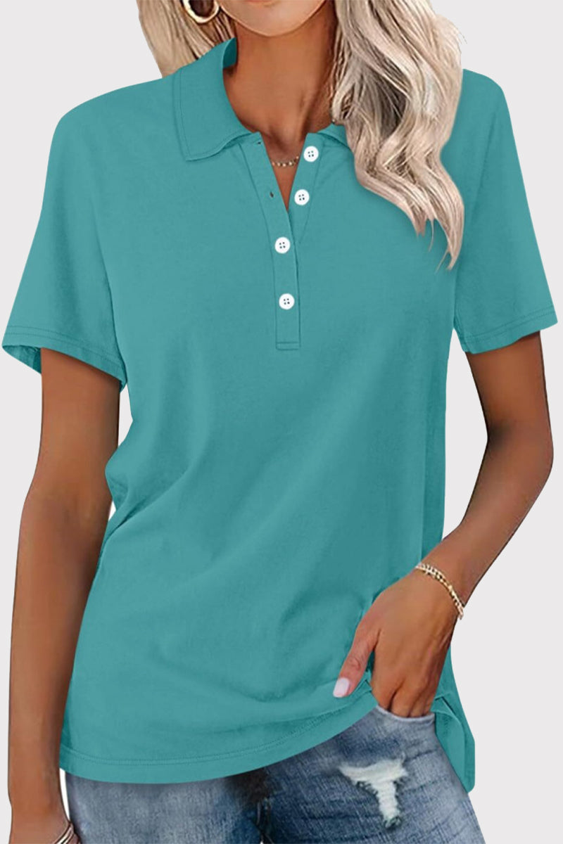 Casual Simplicity Solid Buckle Turndown Collar T-Shirts - Fashionpara