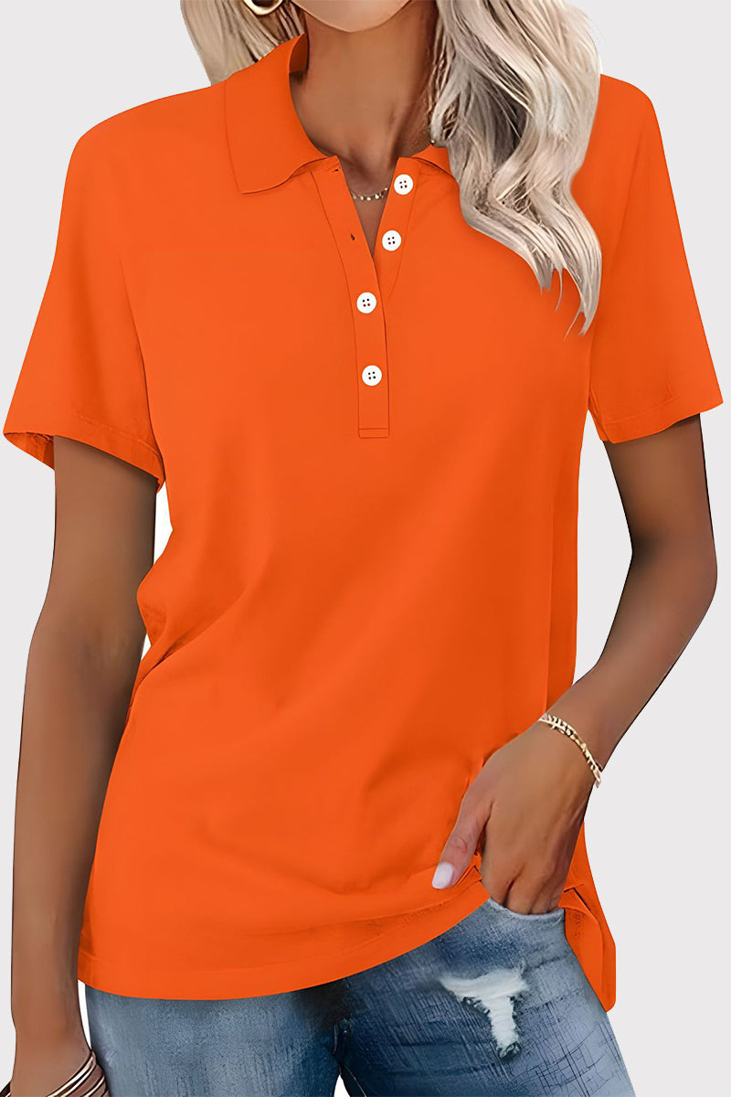 Casual Simplicity Solid Buckle Turndown Collar T-Shirts - Fashionpara